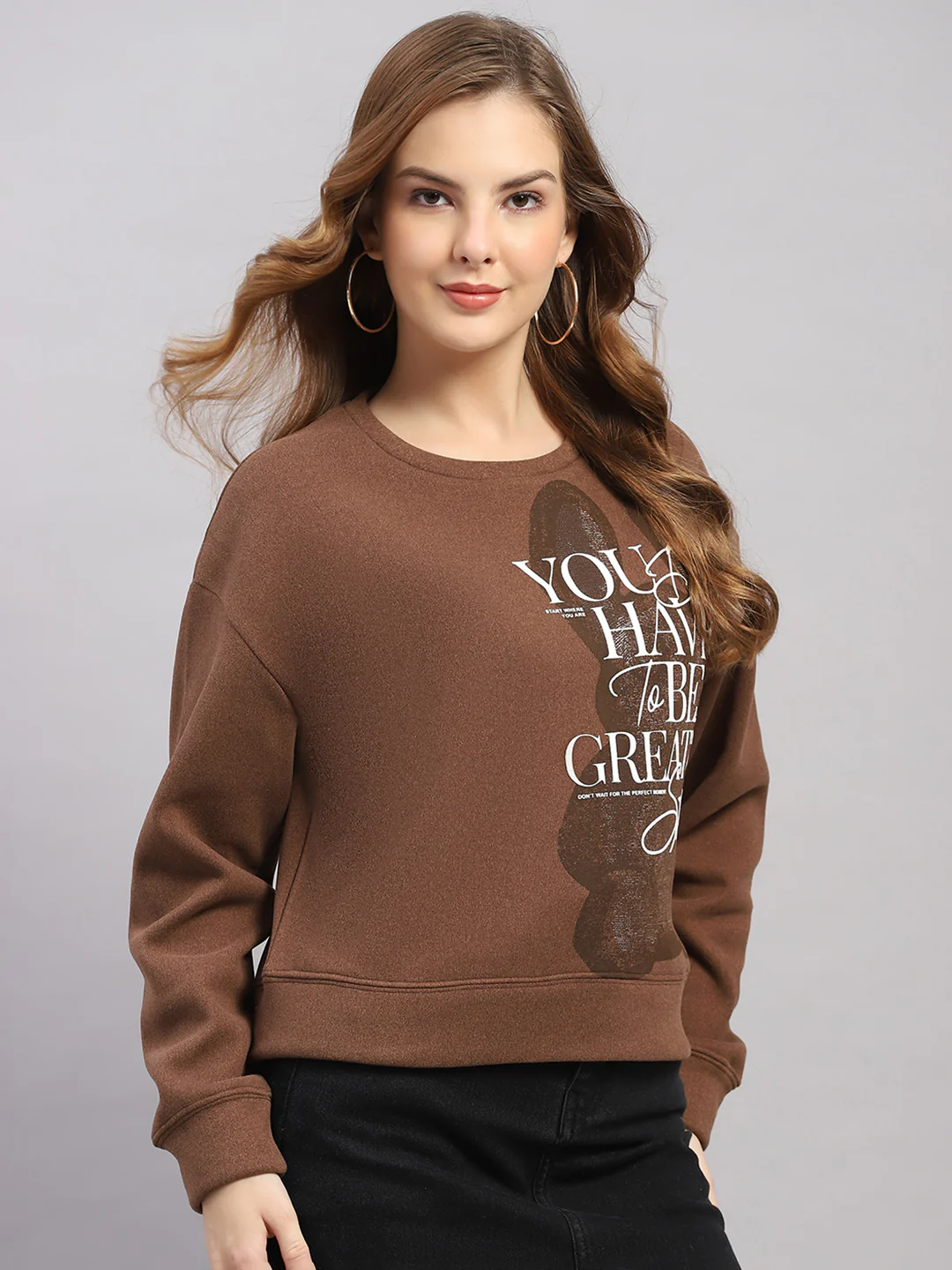Women Brown Printed Round Neck Full Sleeve Sweatshirt - Image 4