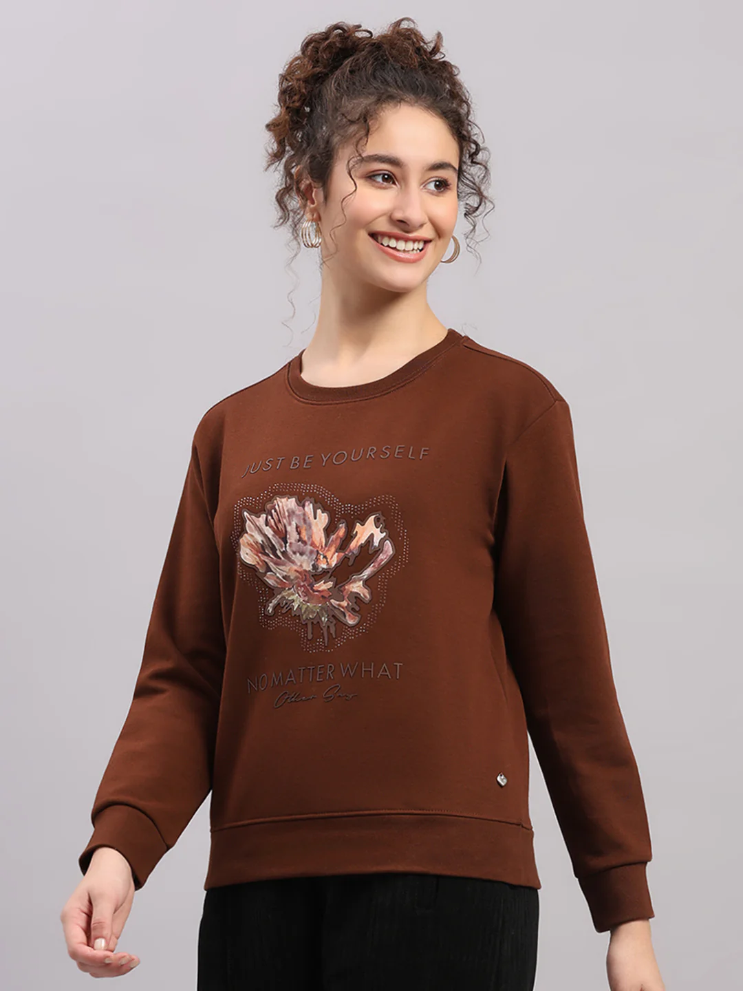Women Brown Printed Round Neck Full Sleeve Sweatshirt - Image 3