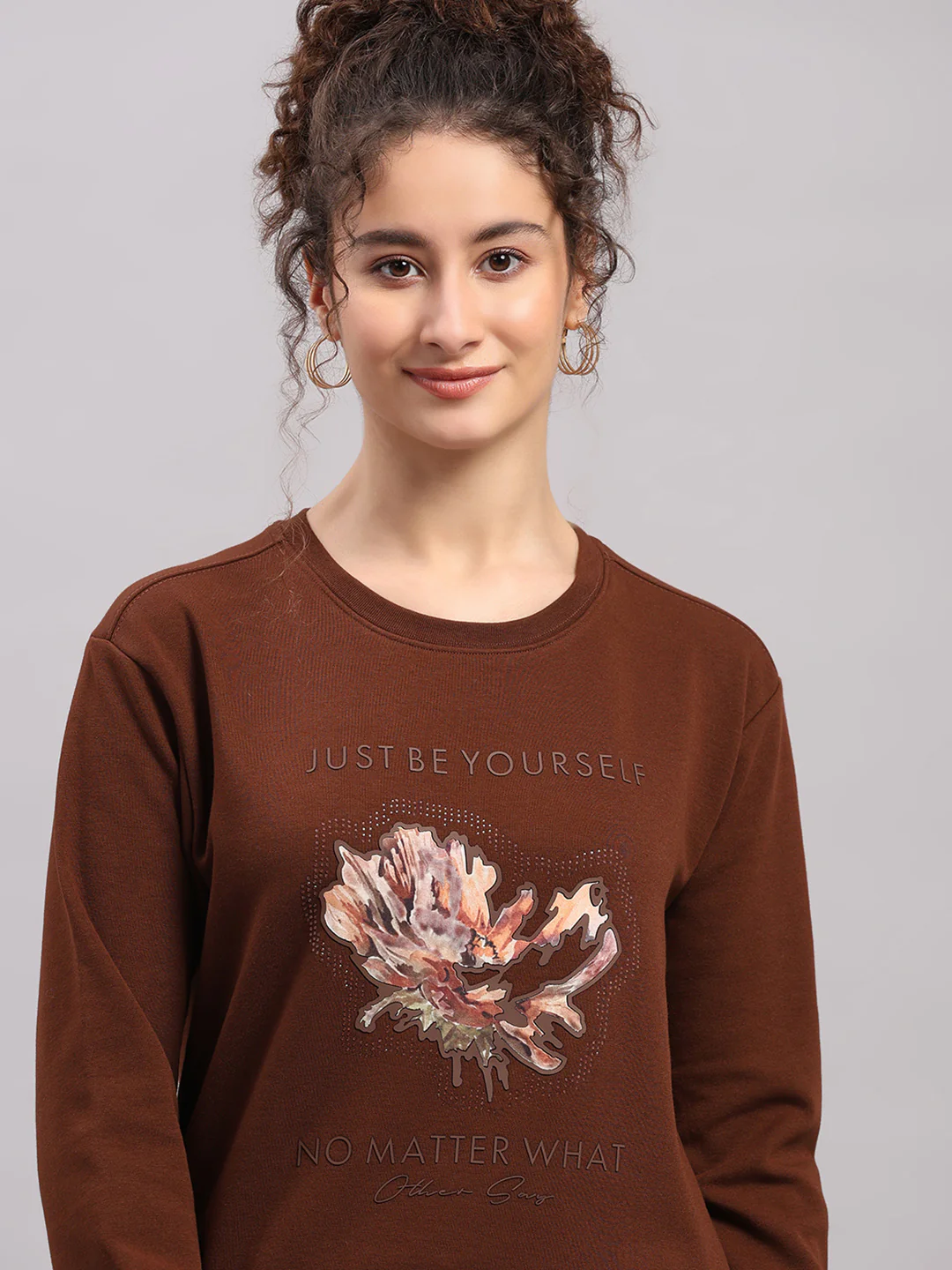 Women Brown Printed Round Neck Full Sleeve Sweatshirt - Image 6