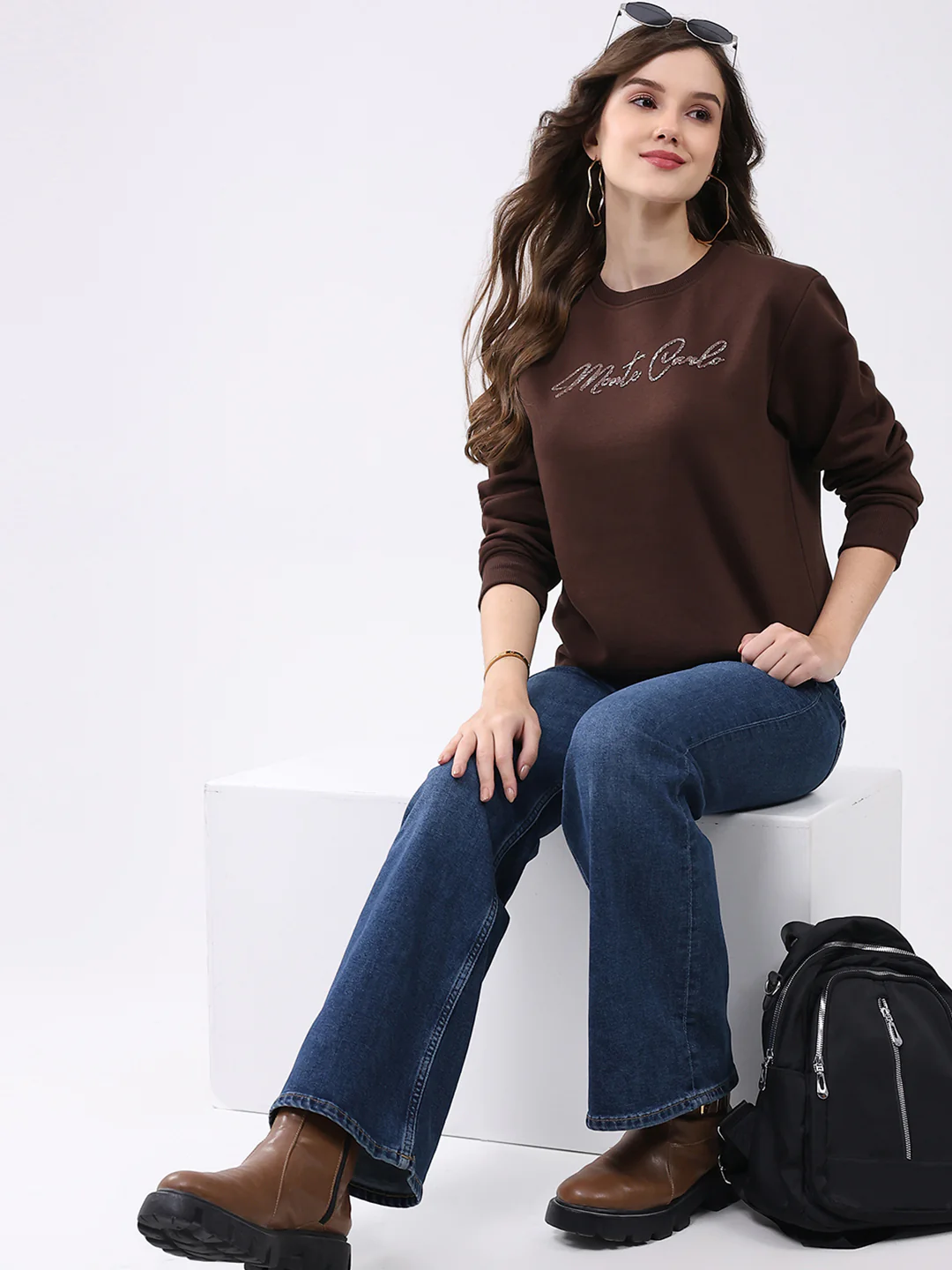 Women Brown Printed Round Neck Full Sleeve Sweatshirt - Image 2