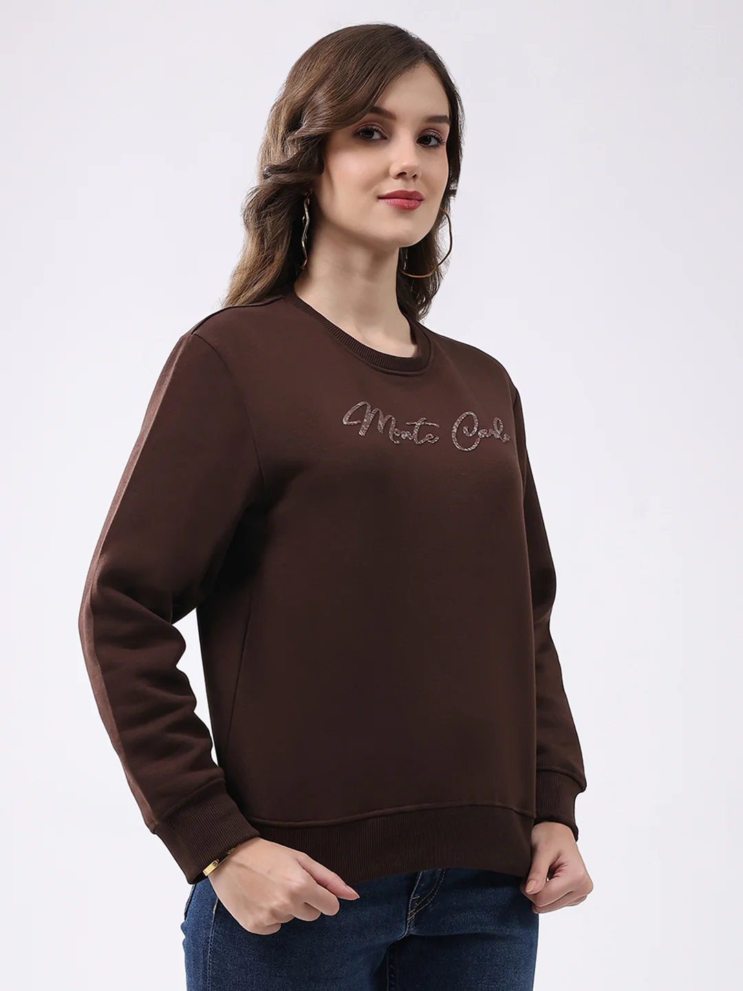Women Brown Printed Round Neck Full Sleeve Sweatshirt - Image 4