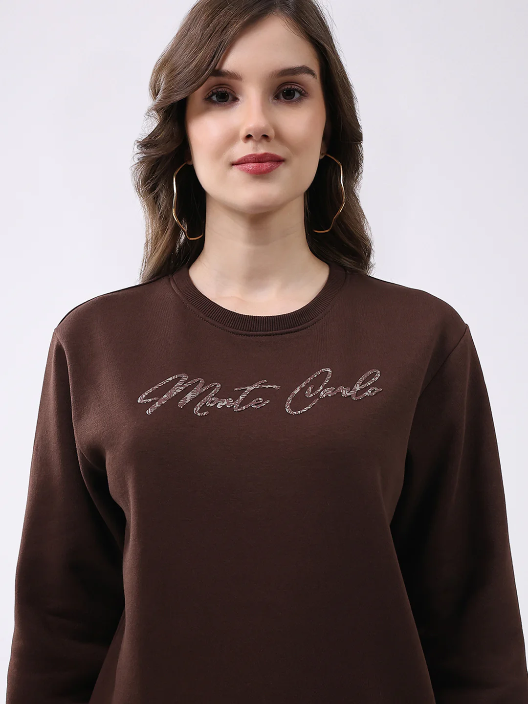 Women Brown Printed Round Neck Full Sleeve Sweatshirt - Image 7