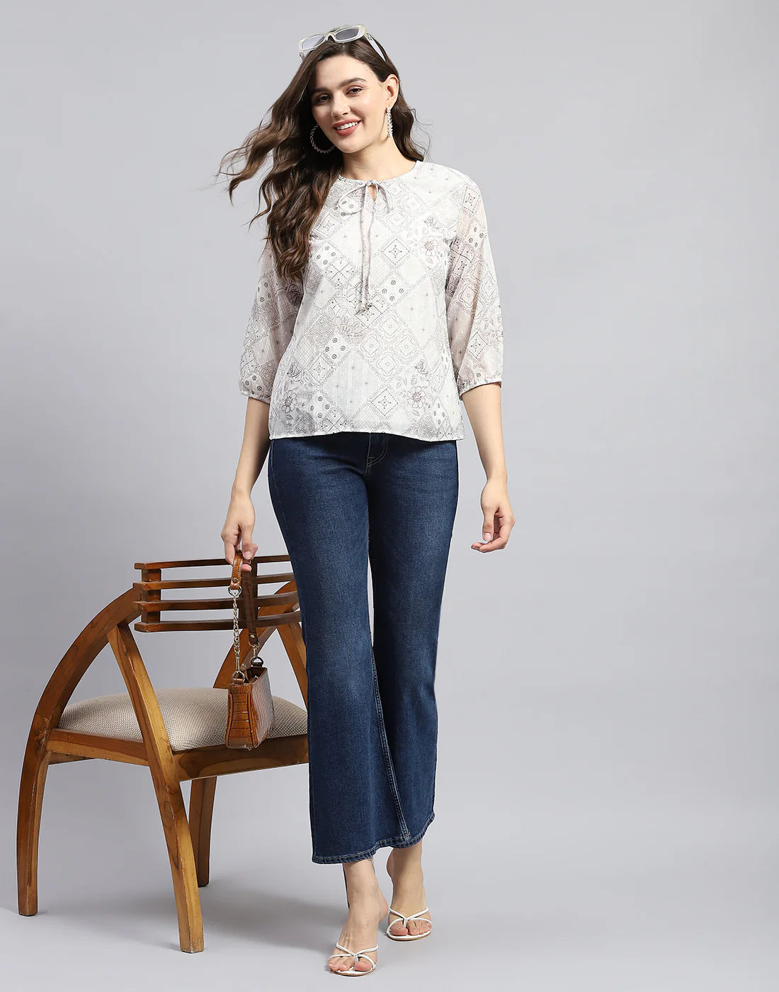 Women Brown Printed Round Neck Full Sleeve Top - Image 2