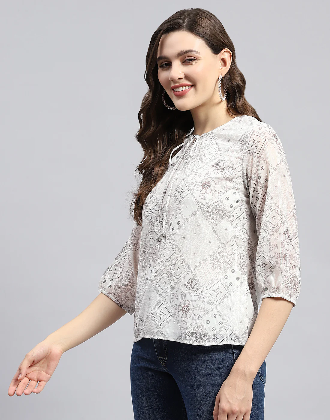 Women Brown Printed Round Neck Full Sleeve Top - Image 3