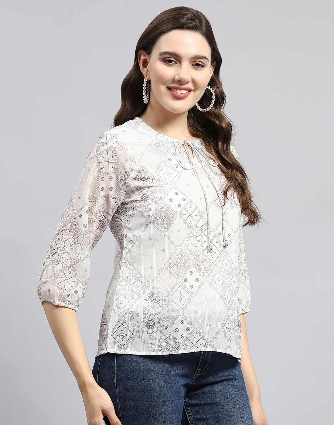 Women Brown Printed Round Neck Full Sleeve Top - Image 4