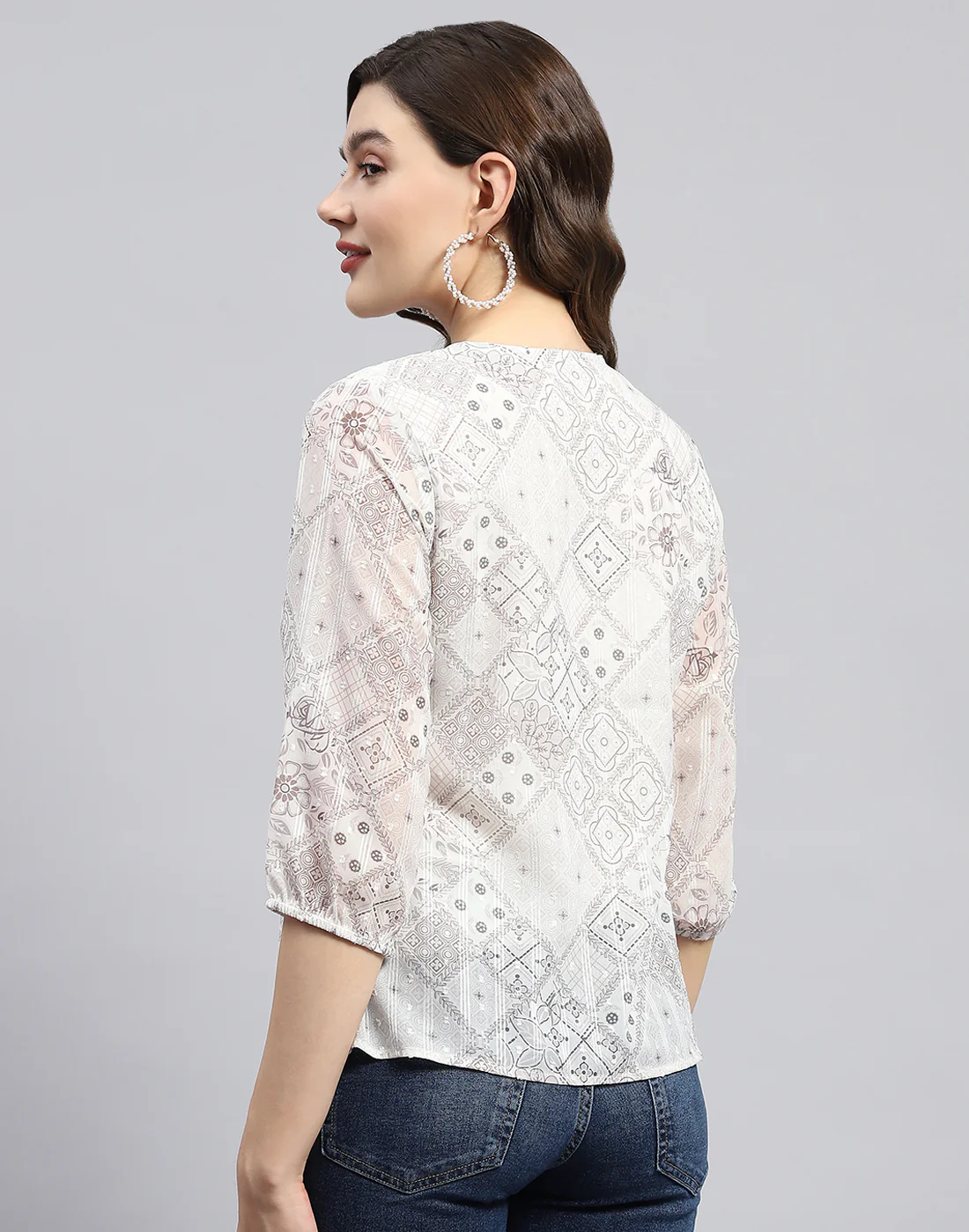 Women Brown Printed Round Neck Full Sleeve Top - Image 5