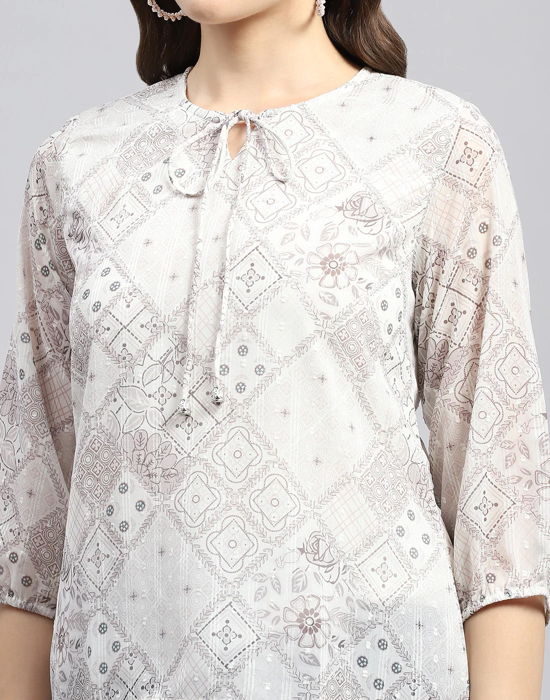 Women Brown Printed Round Neck Full Sleeve Top - Image 6