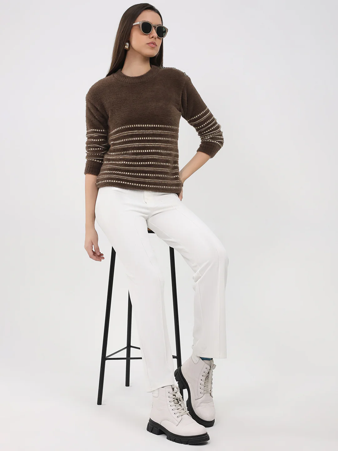 Women Brown Printed Round Neck Full Sleeve Winter Top - Image 2