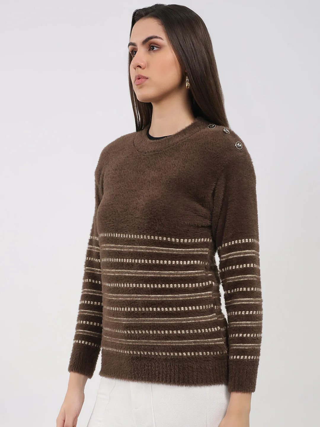 Women Brown Printed Round Neck Full Sleeve Winter Top - Image 3