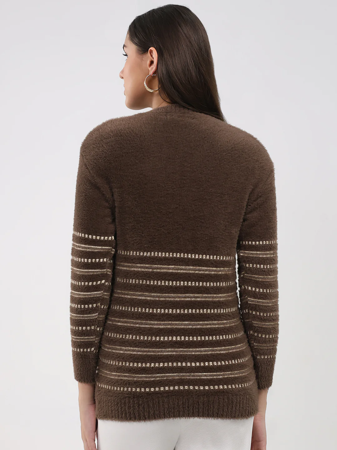 Women Brown Printed Round Neck Full Sleeve Winter Top - Image 5