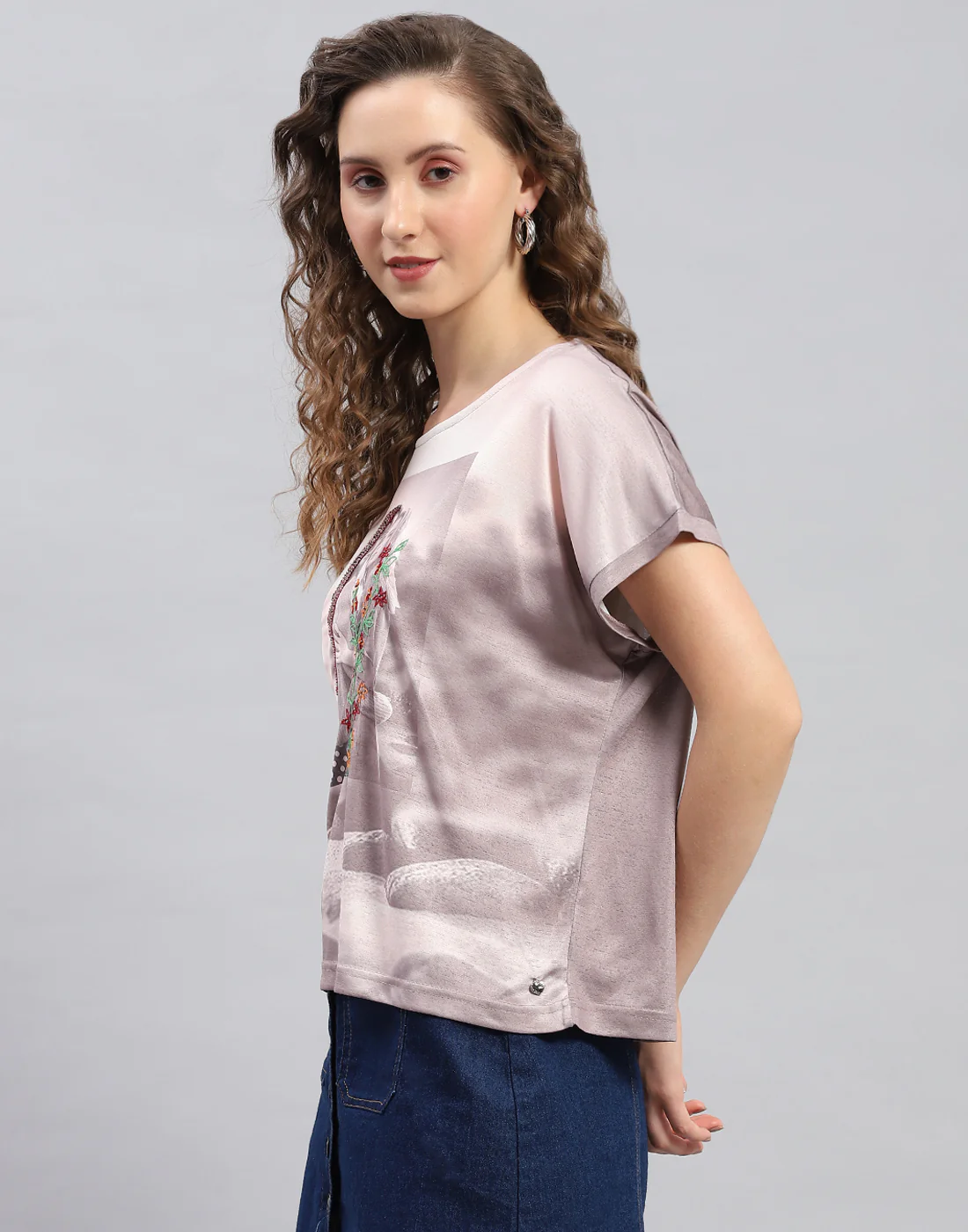 Women Brown Printed Round Neck Half Sleeve Top - Image 3