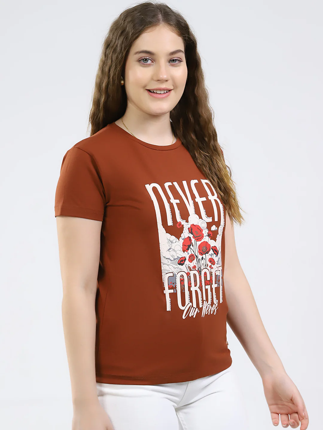 Women Brown Printed Round Neck Half Sleeve Top - Image 4