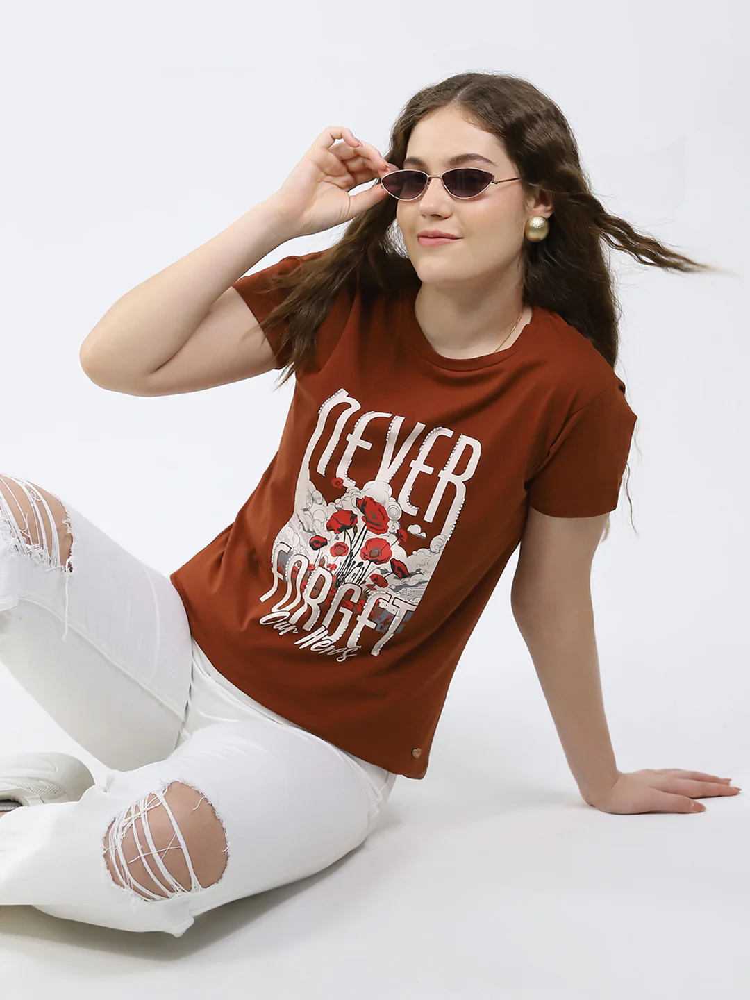 Women Brown Printed Round Neck Half Sleeve Top - Image 6