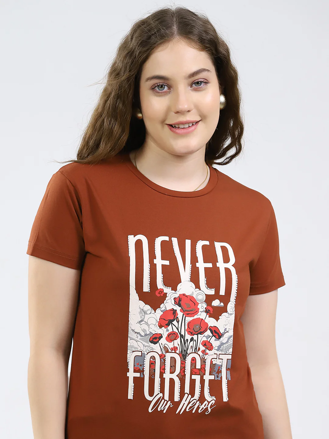 Women Brown Printed Round Neck Half Sleeve Top - Image 7