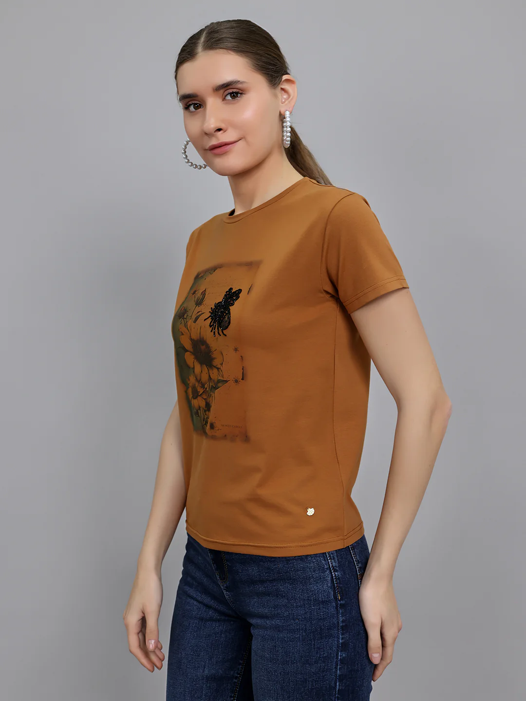 Women Brown Printed Round Neck Half Sleeve Top - Image 2