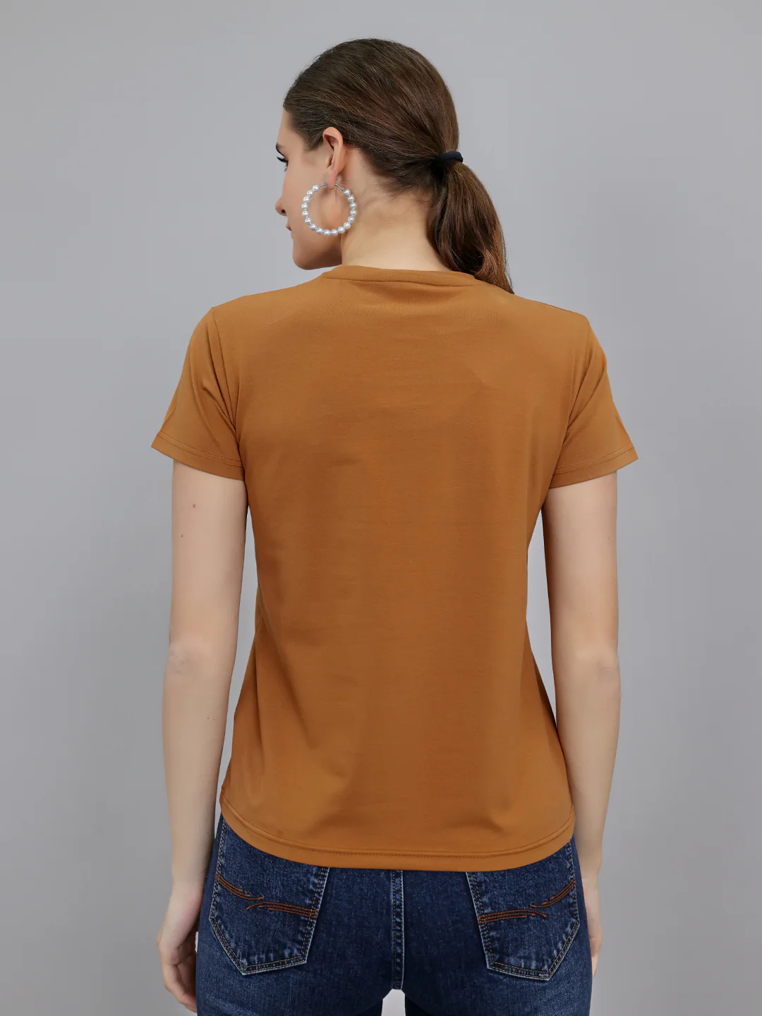 Women Brown Printed Round Neck Half Sleeve Top - Image 4