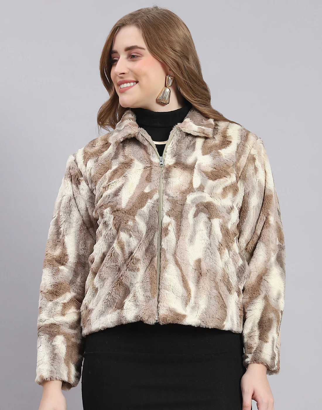 Women Brown Printed Stand Collar Full Sleeve Jacket - Image 3