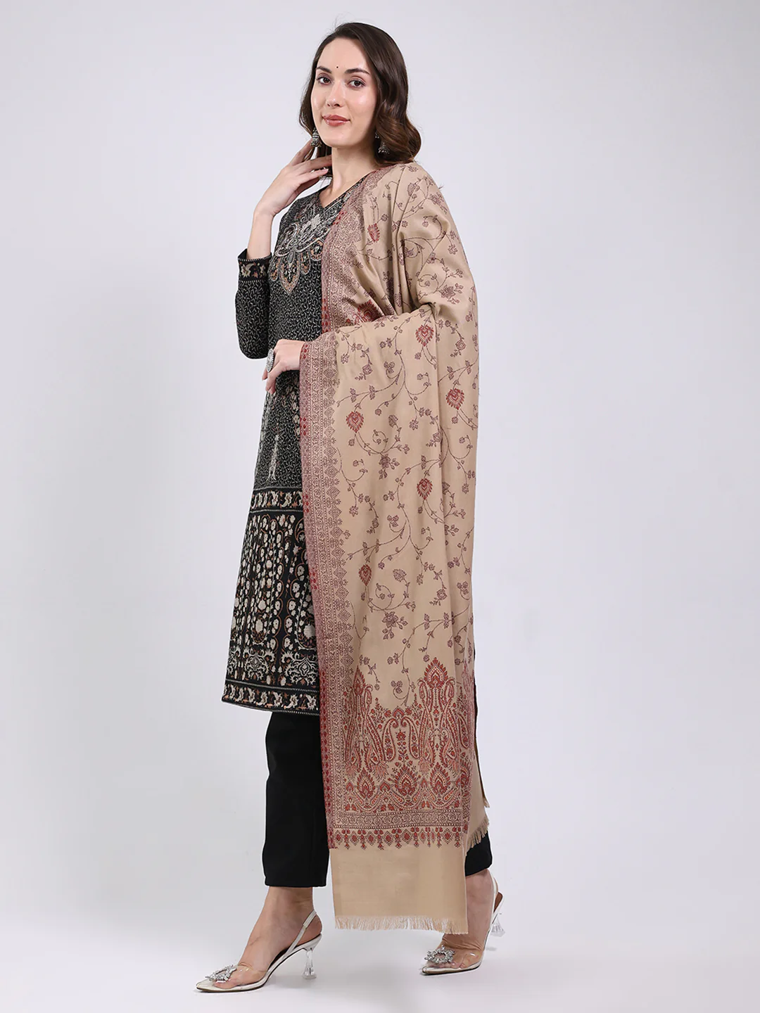 Women Brown Printed Wool Blend Shawl - Image 3