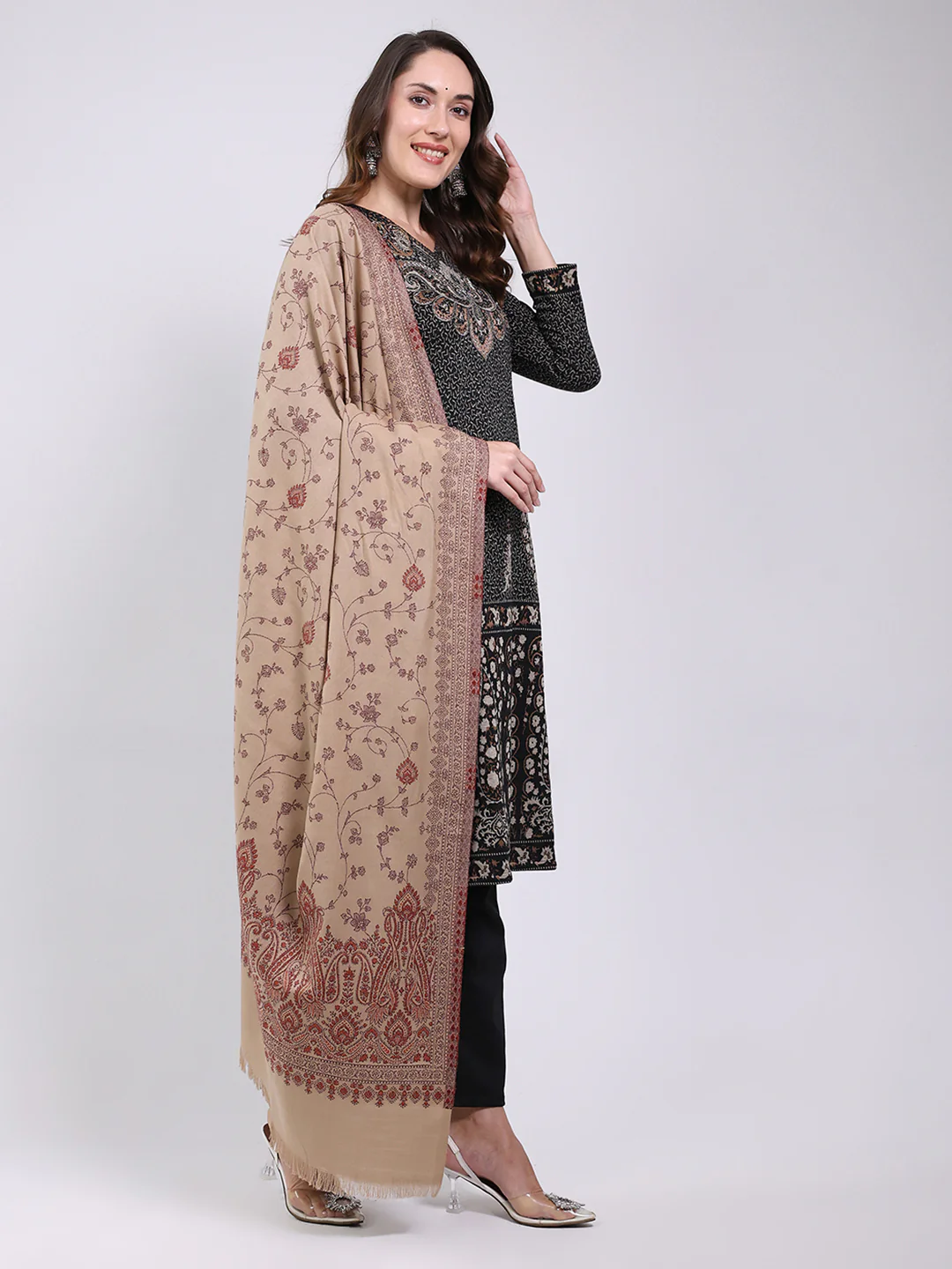 Women Brown Printed Wool Blend Shawl - Image 4