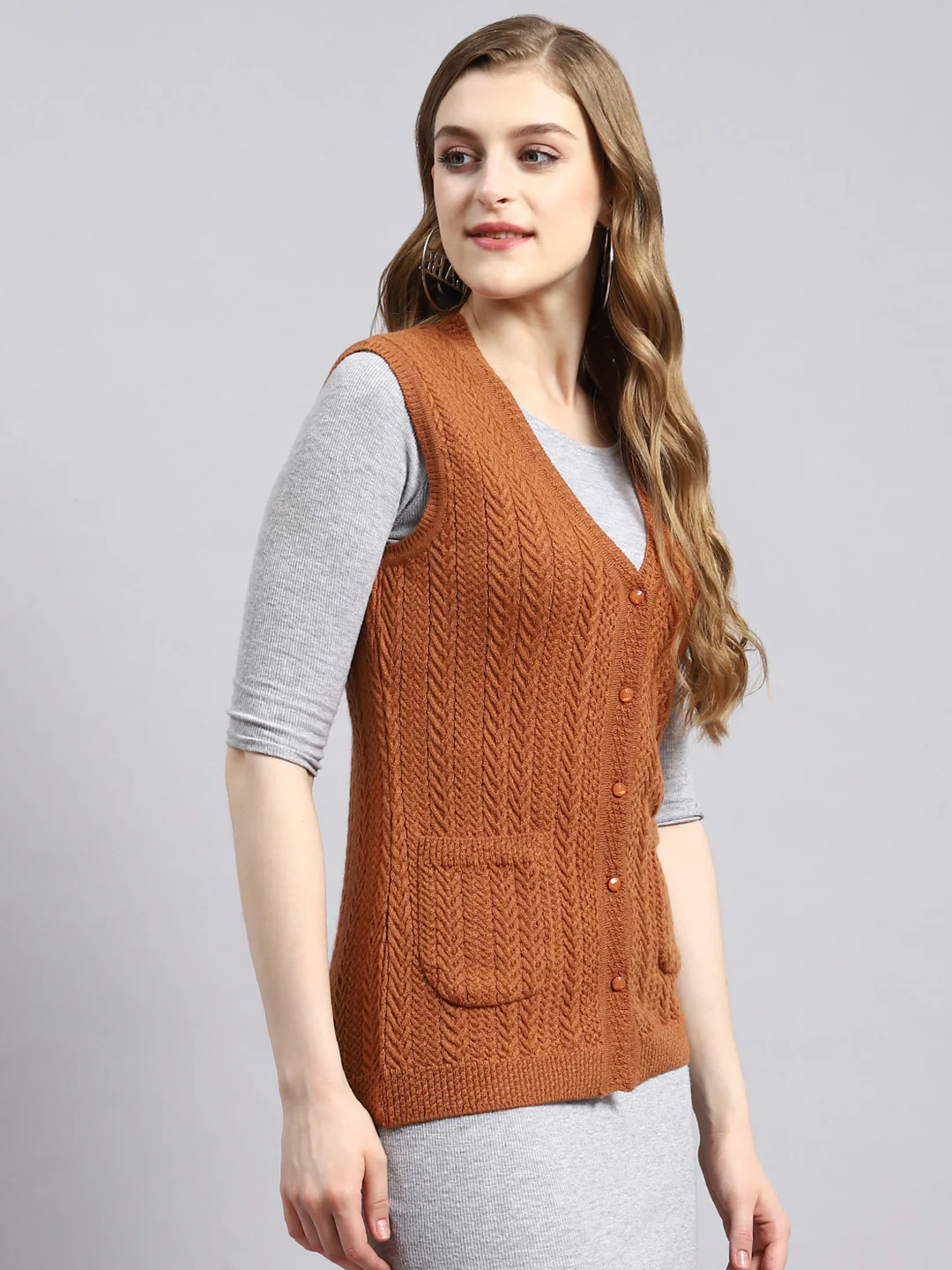Women Brown Self Cardigan - Image 2