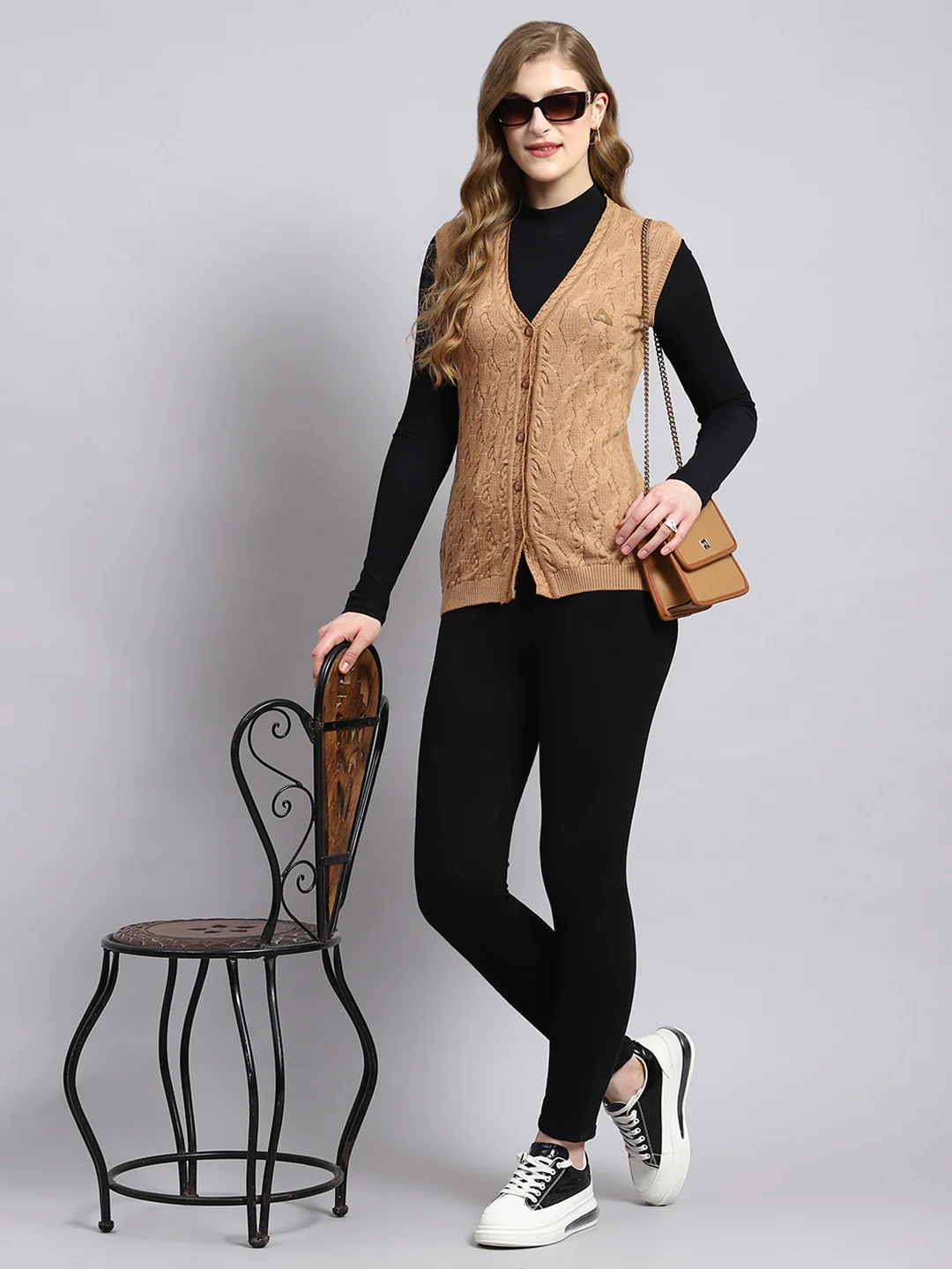 Women Brown Self Cardigan - Image 5