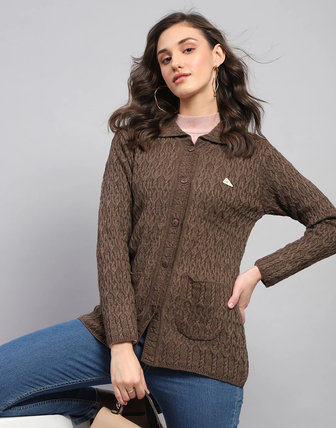Women Brown Self Design Collar Full Sleeve Cardigan - Image 2