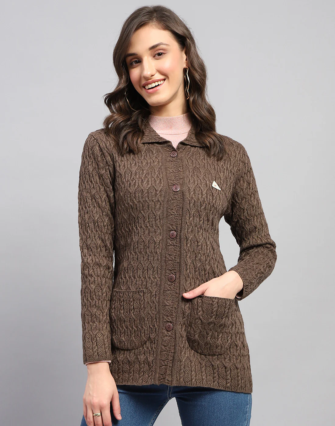 Women Brown Self Design Collar Full Sleeve Cardigan - Image 3