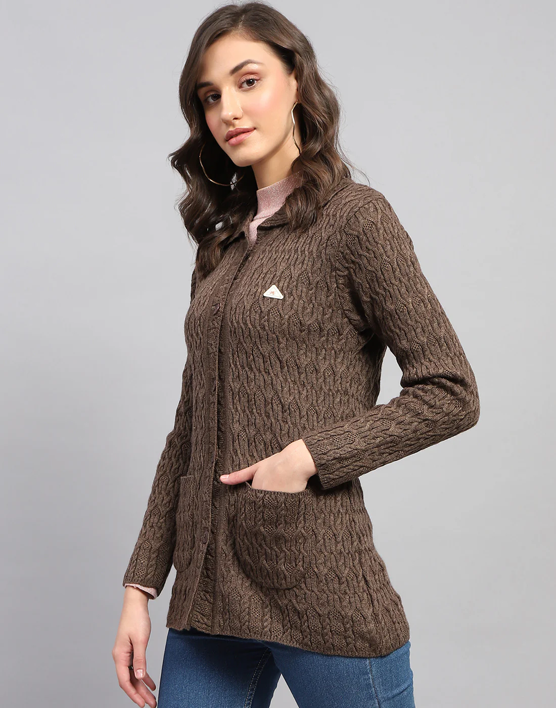 Women Brown Self Design Collar Full Sleeve Cardigan - Image 4