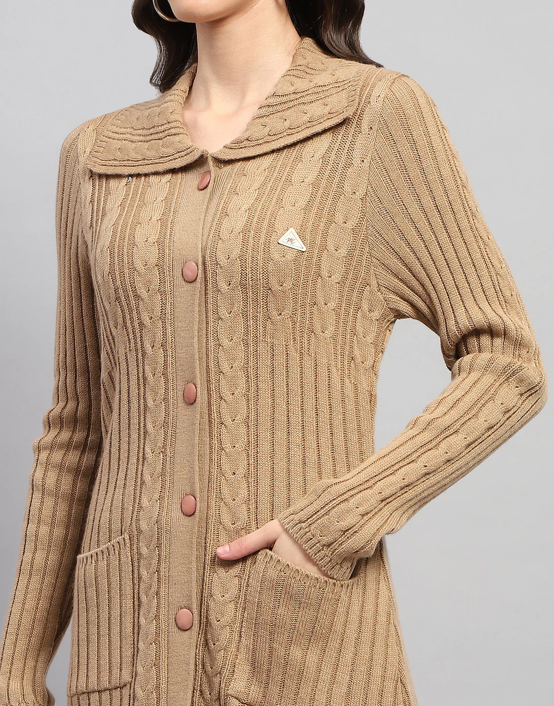 Women Brown Self Design Collar Full Sleeve Cardigan - Image 6