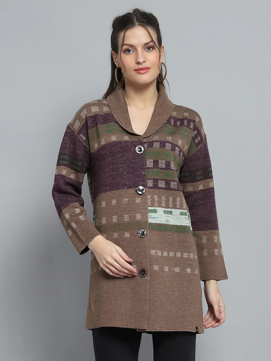 Women Brown Self Design Collar Full Sleeve Cardigan