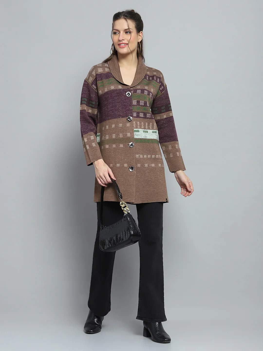 Women Brown Self Design Collar Full Sleeve Cardigan - Image 2