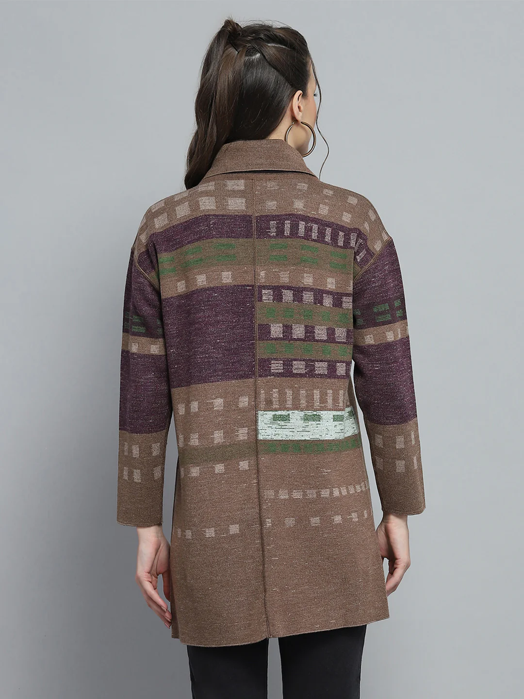 Women Brown Self Design Collar Full Sleeve Cardigan - Image 5