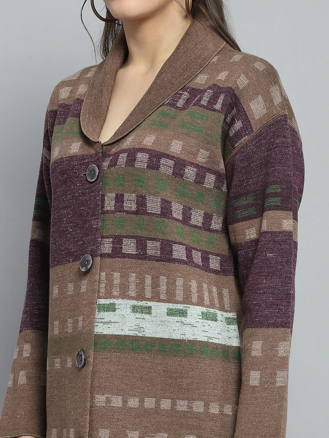 Women Brown Self Design Collar Full Sleeve Cardigan - Image 6