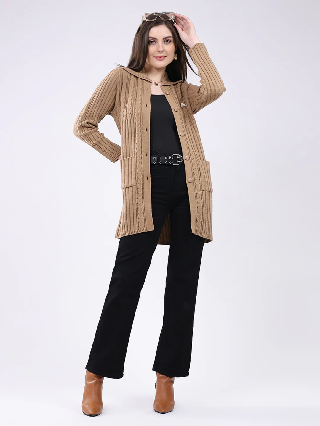 Women Brown Self Design Collar Full Sleeve Cardigan - Image 2