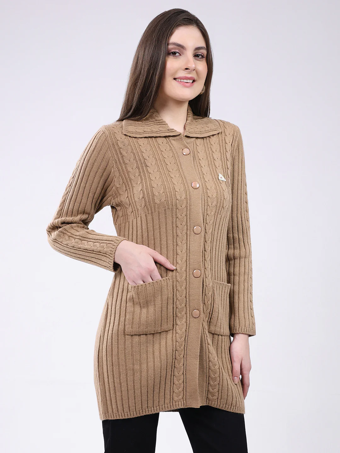Women Brown Self Design Collar Full Sleeve Cardigan - Image 4