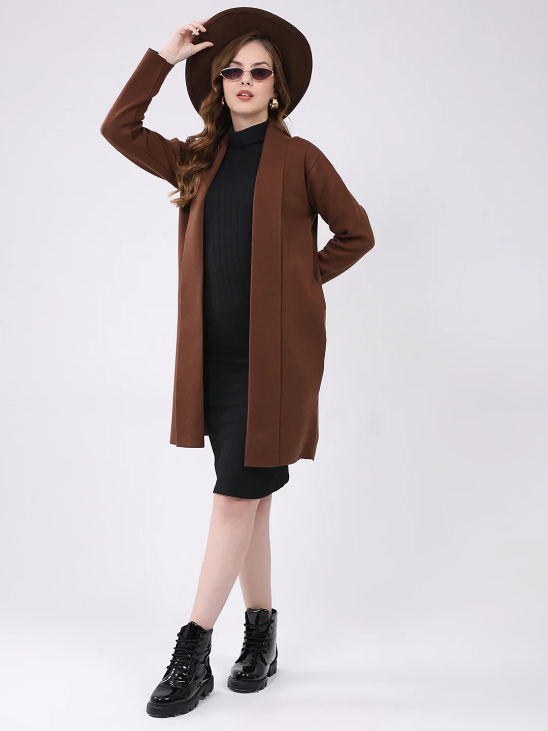 Women Brown Self Design Collar Full Sleeve Cardigan - Image 2