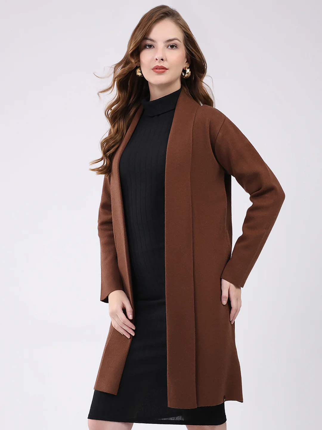 Women Brown Self Design Collar Full Sleeve Cardigan - Image 3