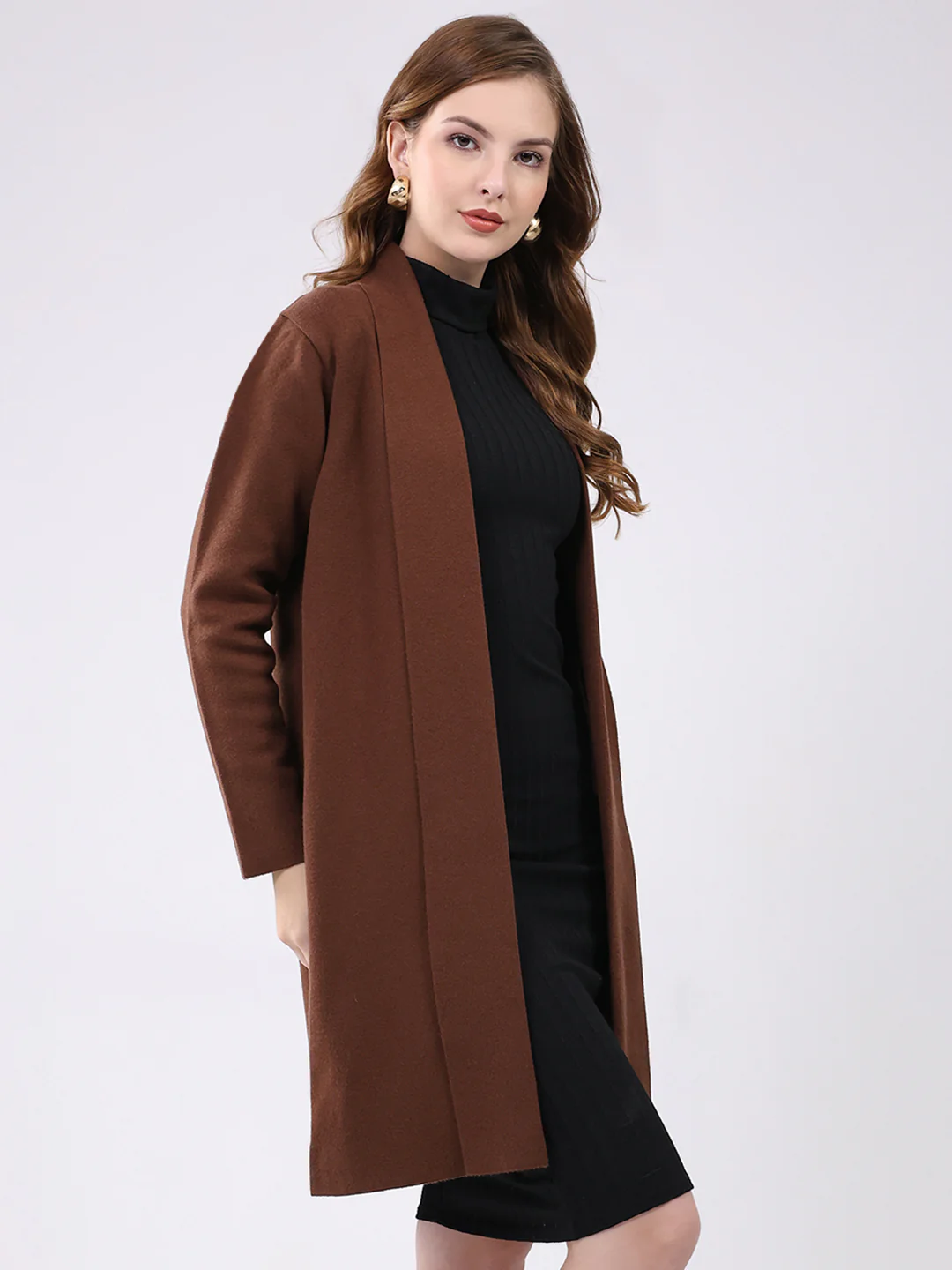 Women Brown Self Design Collar Full Sleeve Cardigan - Image 4