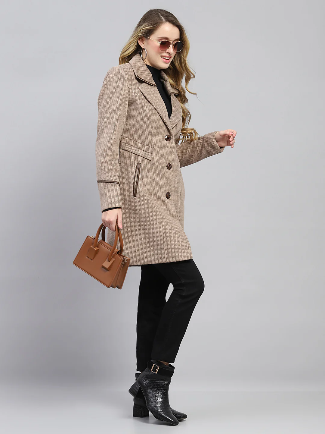 Women Brown Self Design Collar Full Sleeve Coat - Image 2