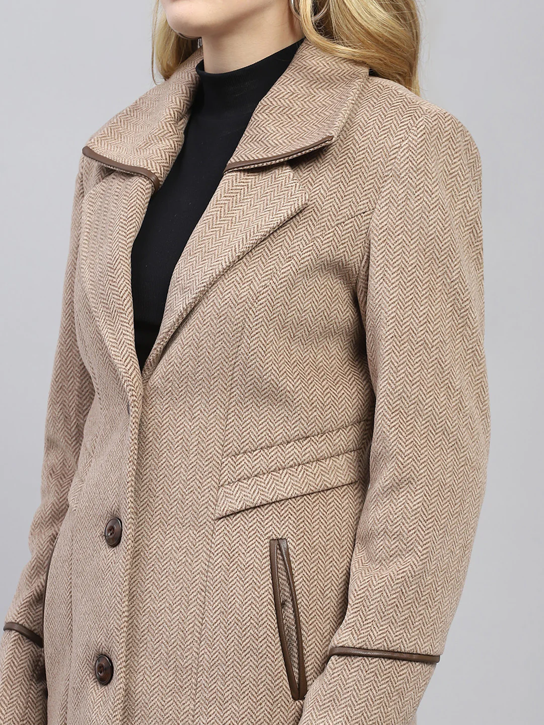 Women Brown Self Design Collar Full Sleeve Coat - Image 6