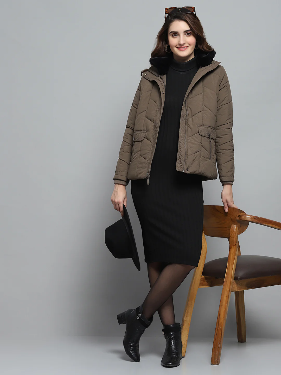 Women Brown Self Design Collar Full Sleeve Jacket - Image 3