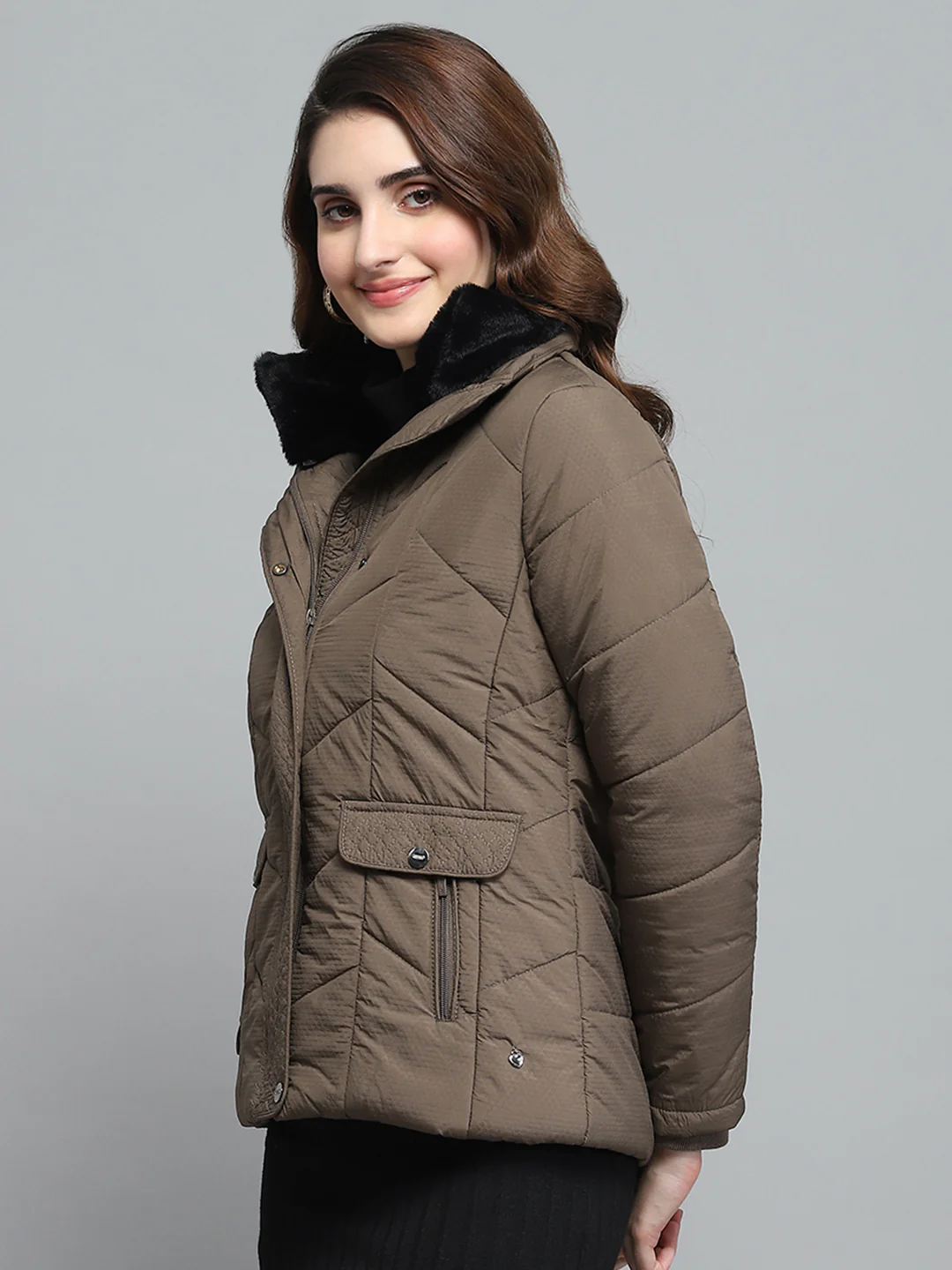 Women Brown Self Design Collar Full Sleeve Jacket - Image 4
