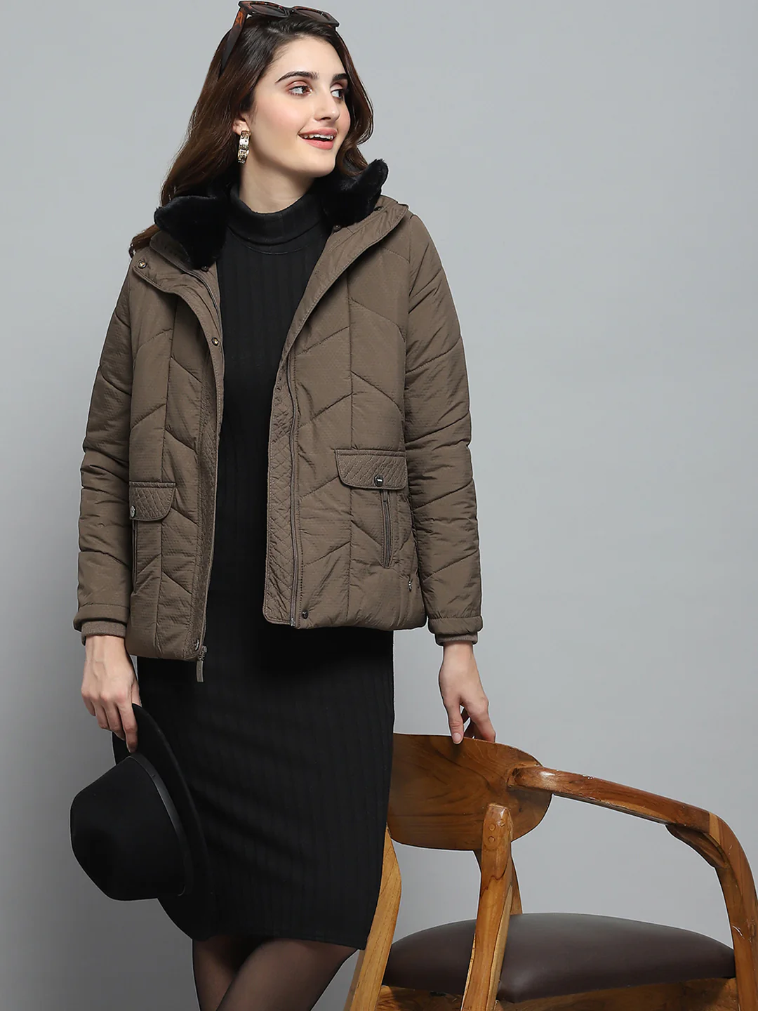Women Brown Self Design Collar Full Sleeve Jacket - Image 6
