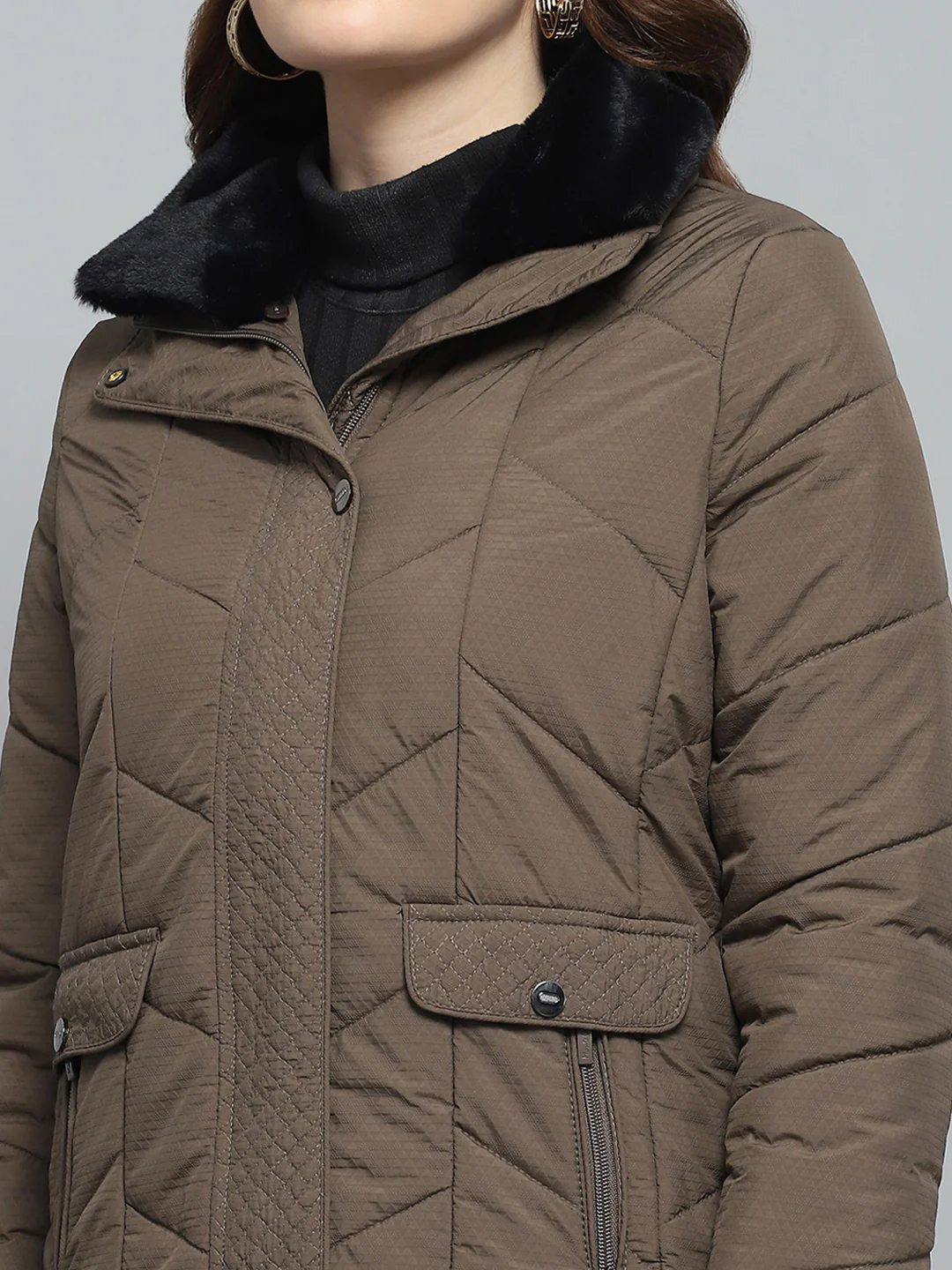 Women Brown Self Design Collar Full Sleeve Jacket - Image 8