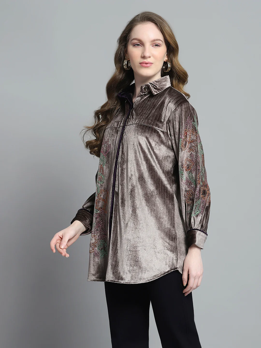 Women Brown Self Design Collar Full Sleeve Winter Shirt - Image 3