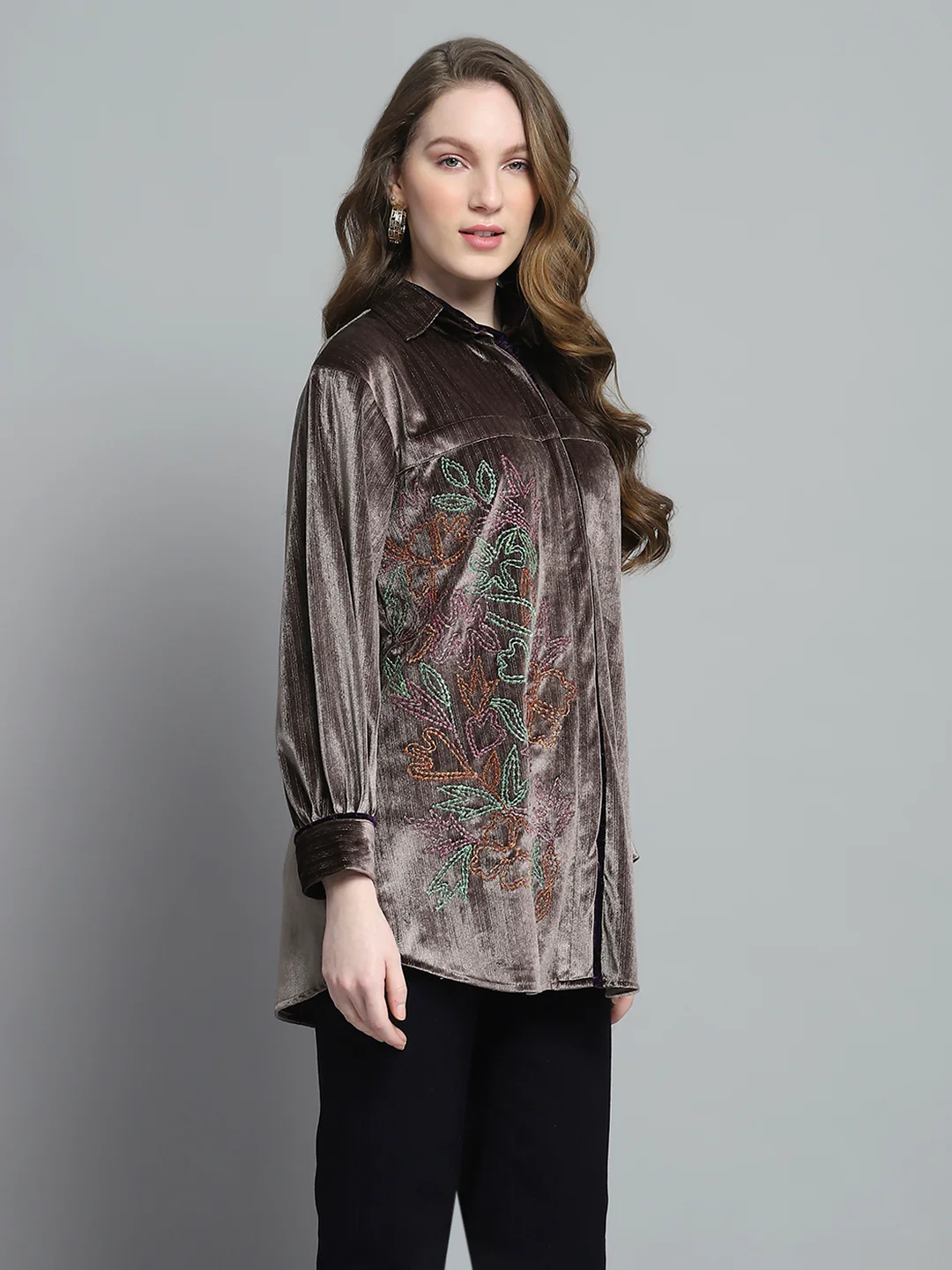 Women Brown Self Design Collar Full Sleeve Winter Shirt - Image 4