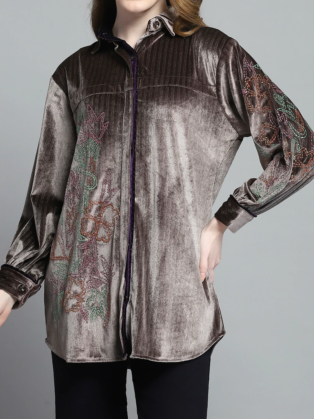 Women Brown Self Design Collar Full Sleeve Winter Shirt - Image 8