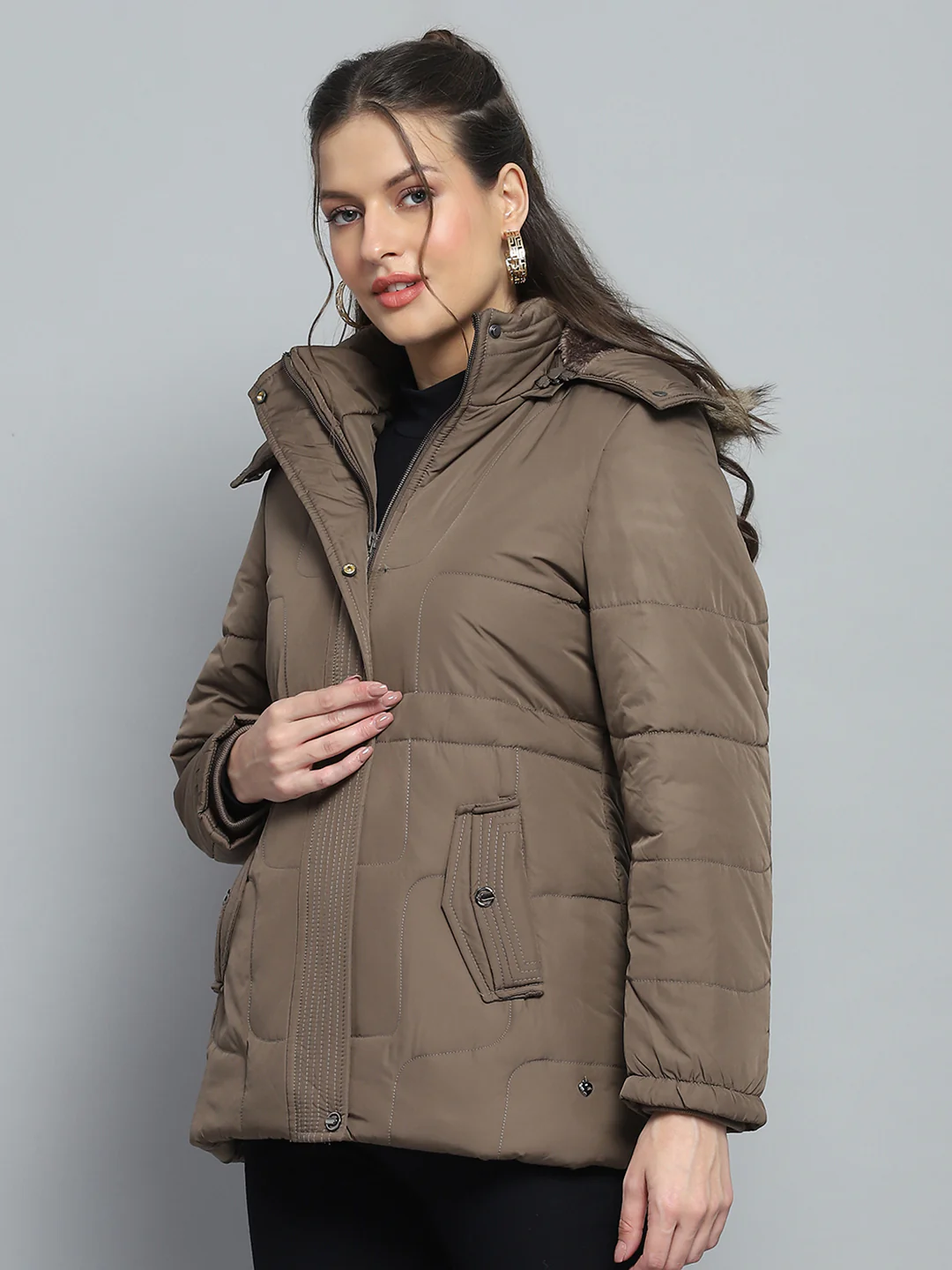 Women Brown Self Design Detachable Hood Full Sleeve Jacket - Image 3