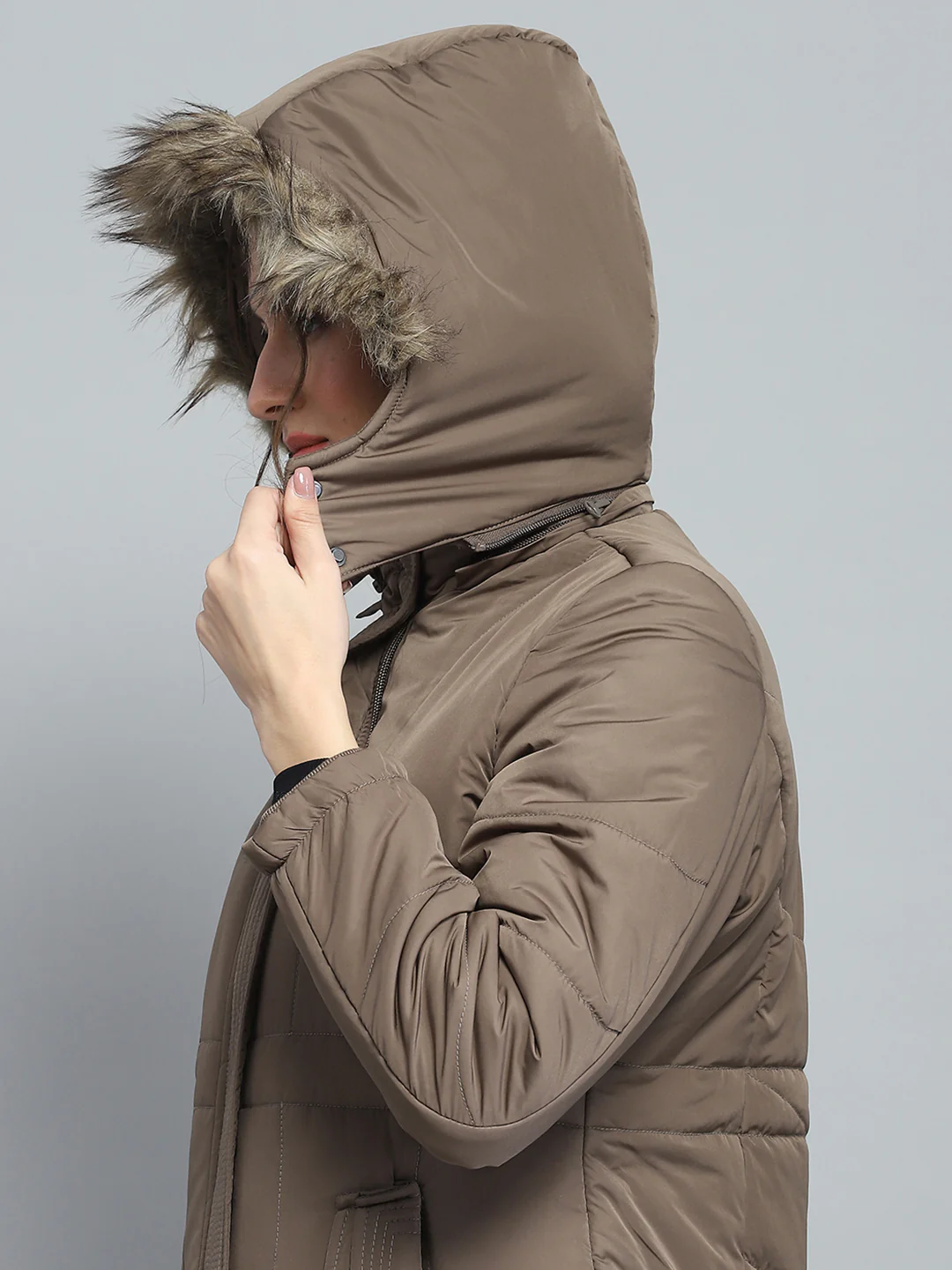 Women Brown Self Design Detachable Hood Full Sleeve Jacket - Image 6