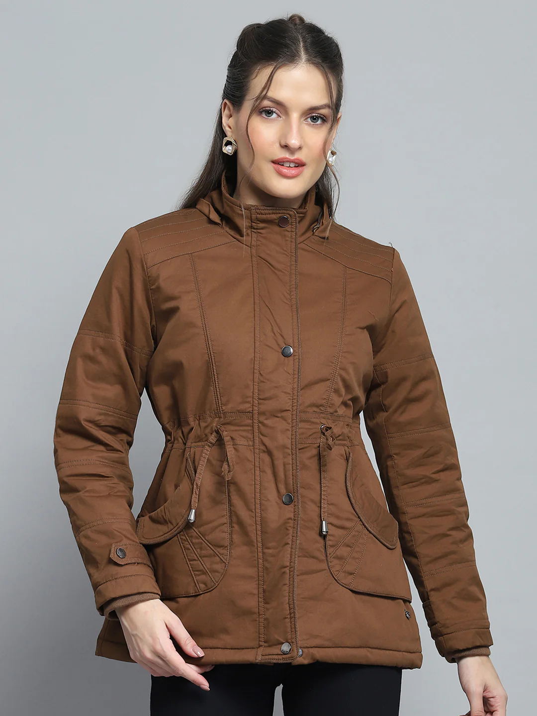 Women Brown Self Design Detachable Hood Full Sleeve Jacket - Image 6